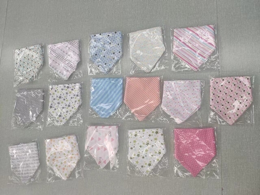 Stock item: 100% cotton double layer 3-pack printed baby triangle bibs, stock baby cotton bibs