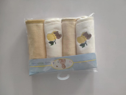 Stock item: 4pk 25cms * 25cms baby washcloths, baby cotton face cloths in stock, 8000 sets in total